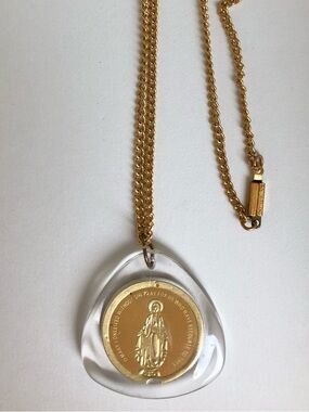 Vintage 1960’s Lucite Blessed Mother Mary & Marian Cross Medal Pendant Necklace